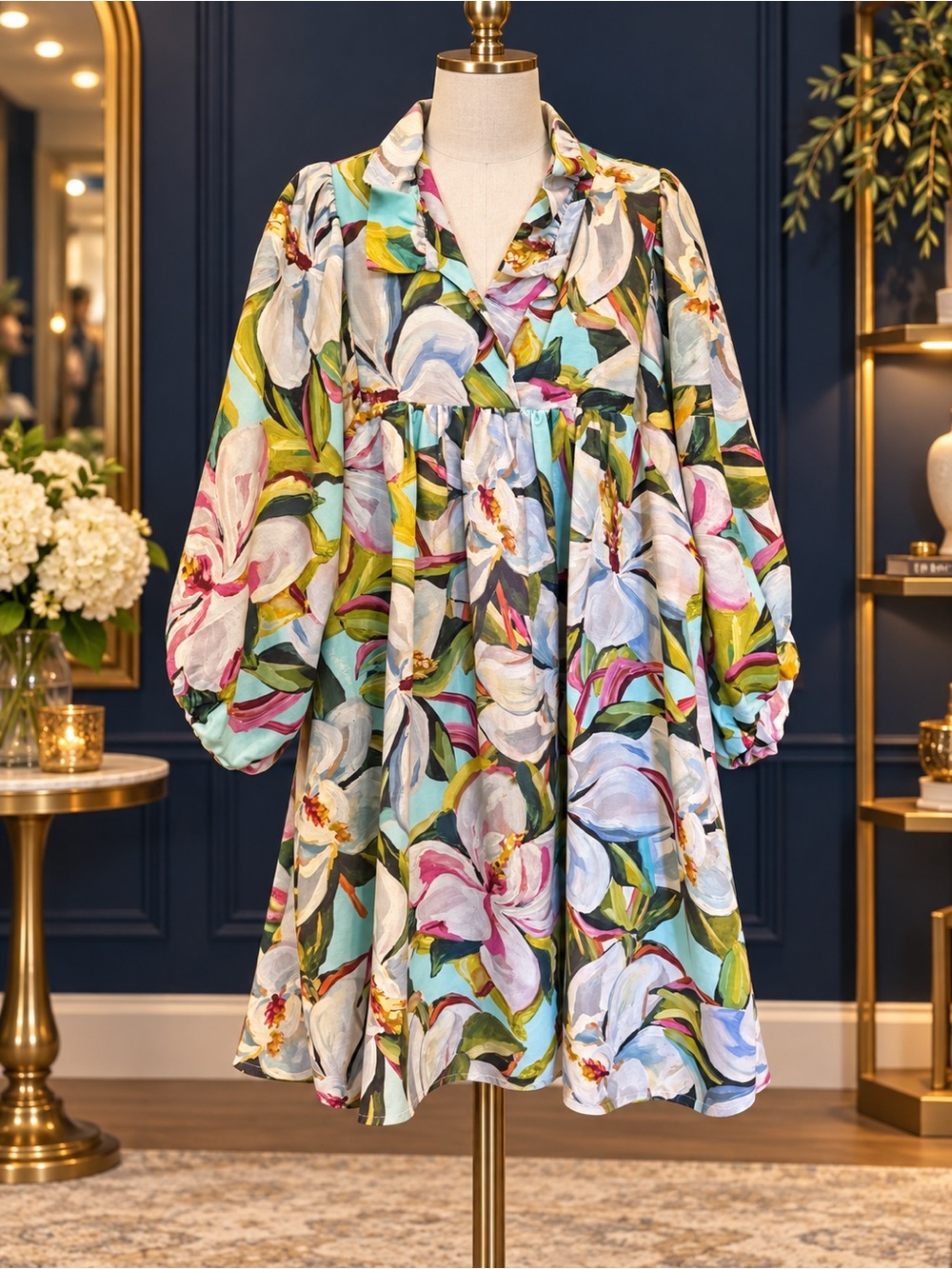 Emily McCarthy Hampton magnolia dogwood Floral Puff-Sleeve Dress in Multi XL